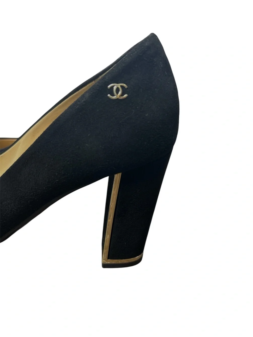 CHANEL Black Suede Cap Toe Pumps Heels CC Logo Gold Trim Size 40.5C Luxury